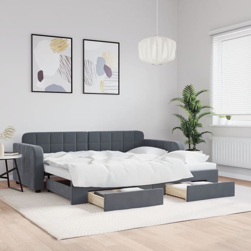 Casa si Gradina - Mobilier - Paturi si accesorii - Paturi - Pat de zi cu extensie si sertare, gri inchis, 90x190cm catifea - Infinity.ro