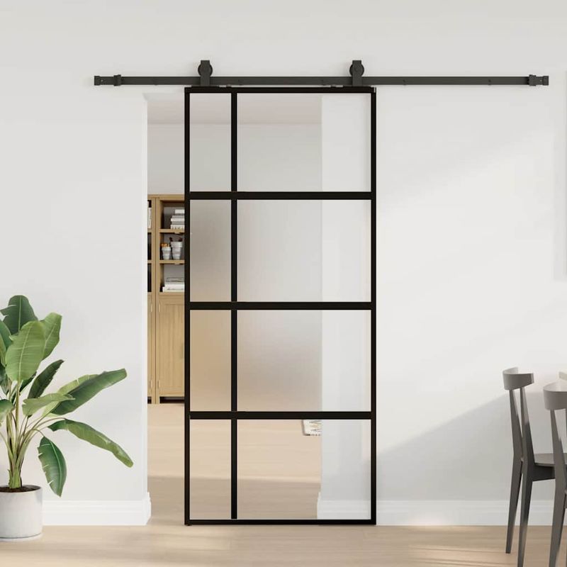 Casa si Gradina - Constructii - Usi interior, exterior si garaj - Usi interior - Usa glisanta cu set feronerie neagra 90x205cm sticla securizata - Infinity.ro