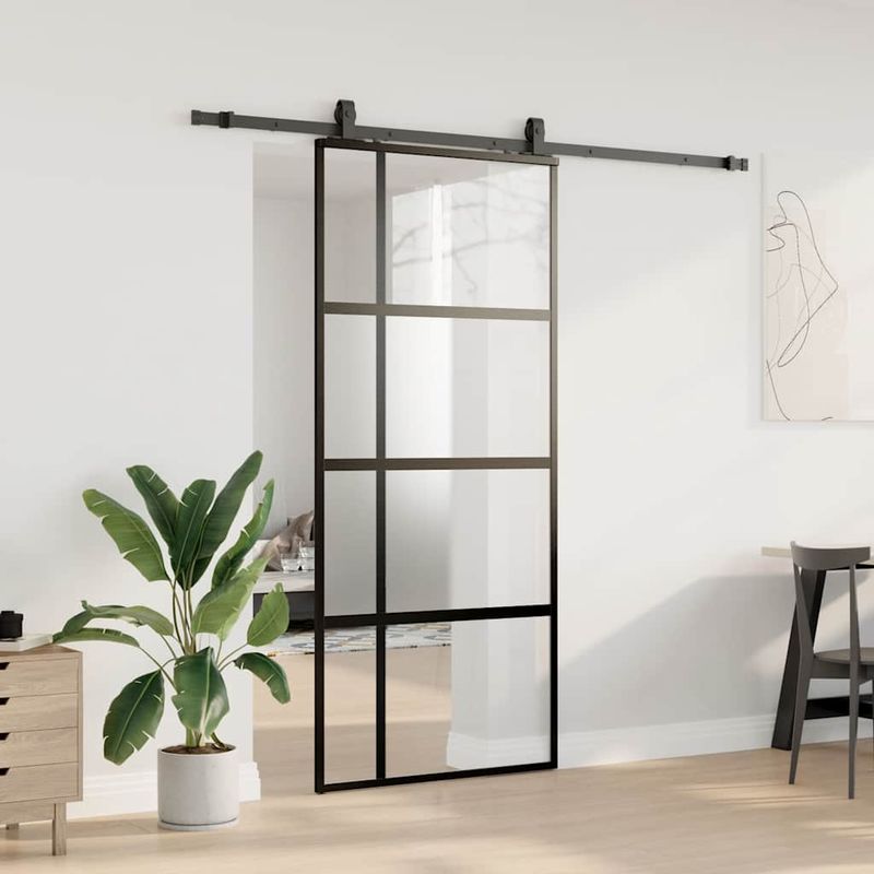 Casa si Gradina - Constructii - Usi interior, exterior si garaj - Usi interior - Usa glisanta cu set feronerie neagra 90x205cm sticla securizata - Infinity.ro