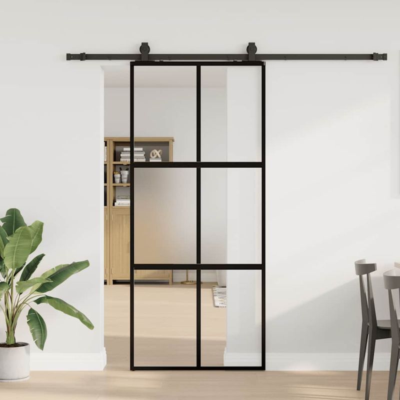 Casa si Gradina - Constructii - Usi interior, exterior si garaj - Usi interior - Usa glisanta cu set feronerie neagra 90x205cm sticla securizata - Infinity.ro