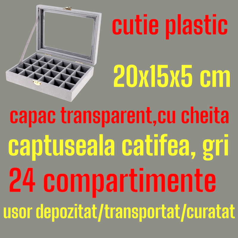 Fashion, accesorii si bijuterii - Femei - Bijuterii femei - Cutii bijuterii - Cutie bijuterii, 24 compartimente, 20x15x5 cm si set 3 saculeti catifea, cu snur, 120x85 mm - Infinity.ro