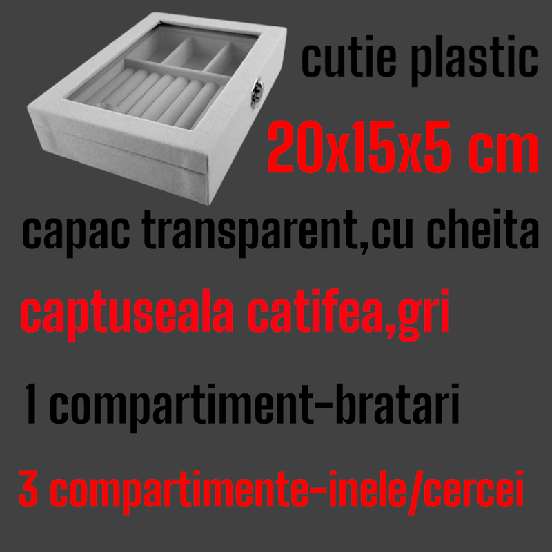 Fashion, accesorii si bijuterii - Femei - Bijuterii femei - Cutii bijuterii - Cutie bijuterii, 1 compartiment bratari si 3 compartimente inele si cercei, 20x15x5 cm si set 3 saculeti catifea, cu snur, 120x85 mm - Infinity.ro