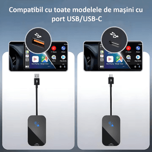 Adaptor Auto Wireless 2 in 1 Apple Carplay si Android Auto, Plug and Play, Bluetooth 5.0, WiFi 2.4/5 GHz, USB si Tip C