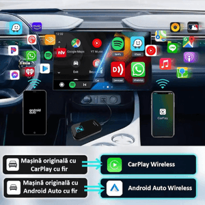 Adaptor Auto Wireless 2 in 1 Apple Carplay si Android Auto, Plug and Play, Bluetooth 5.0, WiFi 2.4/5 GHz, USB si Tip C