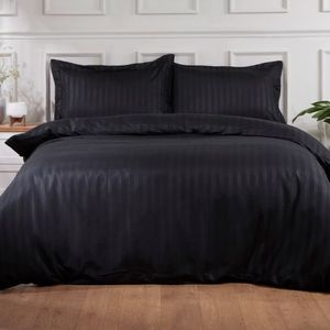 Cearceaf de pat Kotonia Home Deco, 100% bumbac, Damasc Saten, 220x240 cm, dimensiune dungi 1 cm, Negru