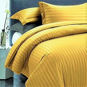 Cearsaf de pat Kotonia Home Deco, 100% bumbac, Damasc Saten, 240x260 cm, dimensiune dungi 1 cm, Mustar