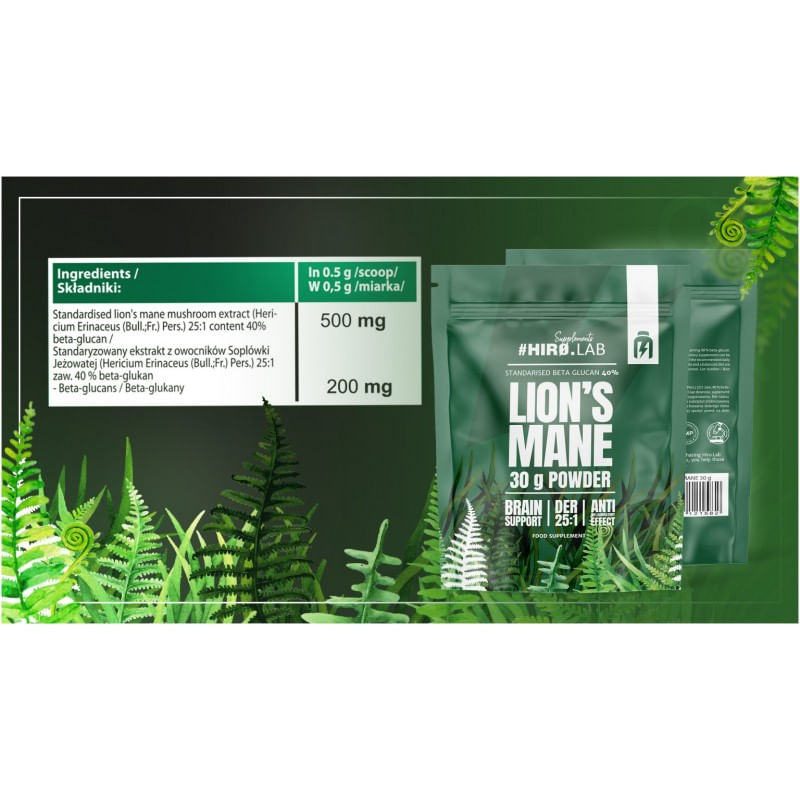 Ingrijire personala si Cosmetice - Sanatate si wellness - Suplimente alimentare - Vitamine si minerale - Lion’s Mane Extract pulbere 25:1 500mg – 30 grame, Hiro Lab - Infinity.ro