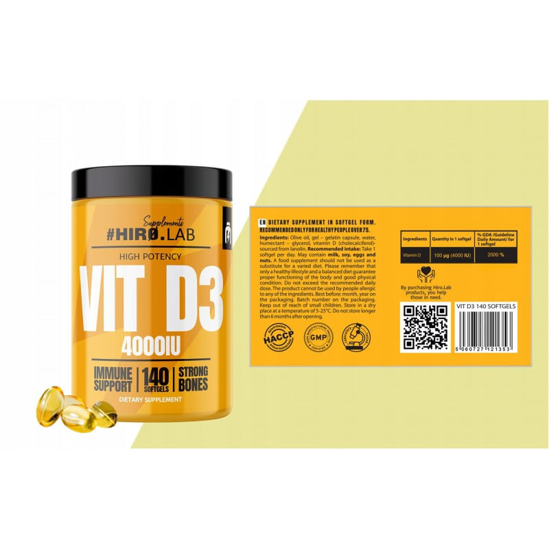 Ingrijire personala si Cosmetice - Sanatate si wellness - Suplimente alimentare - Vitamine si minerale - Vitamin D3 4000IU - 140 Capsule moi, Hiro Lab - Infinity.ro