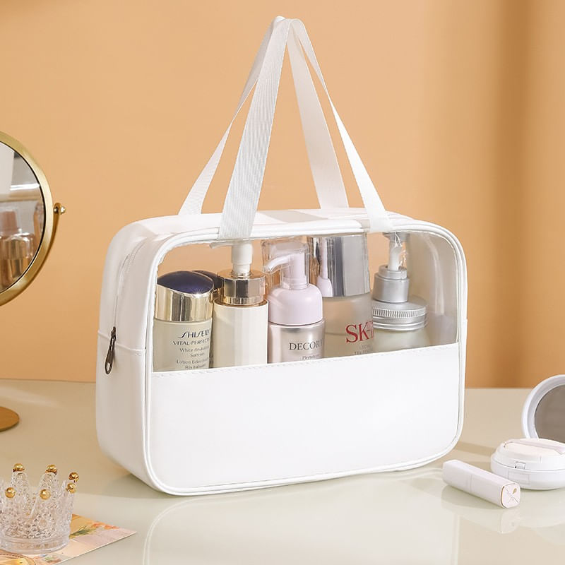 Ingrijire personala si Cosmetice - Machiaj - Portfarduri si genti cosmetice - Geanta cosmetice flippy, pentru voiaj sau organizare, material pvc/textil, impermeabila, portabila, 30x12x21 cm, alb - Infinity.ro