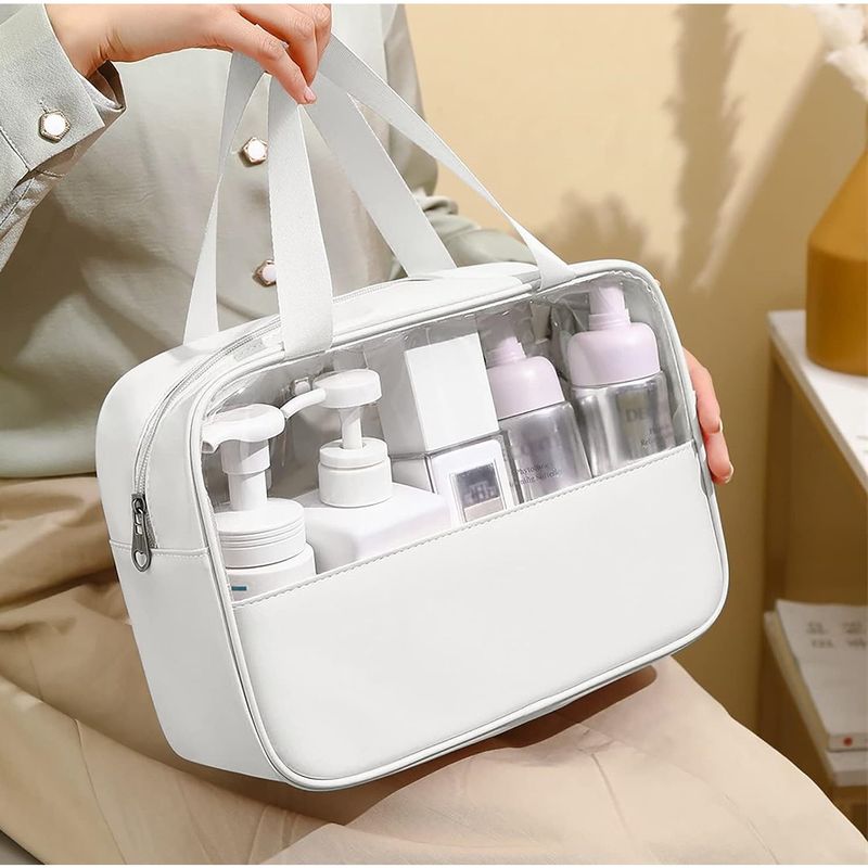 Ingrijire personala si Cosmetice - Machiaj - Portfarduri si genti cosmetice - Geanta cosmetice flippy, pentru voiaj sau organizare, material pvc/textil, impermeabila, portabila, 30x12x21 cm, alb - Infinity.ro