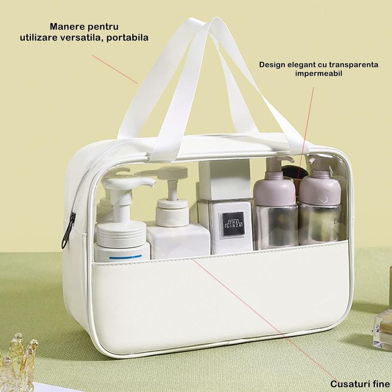 Ingrijire personala si Cosmetice - Machiaj - Portfarduri si genti cosmetice - Geanta cosmetice flippy, pentru voiaj sau organizare, material pvc/textil, impermeabila, portabila, 30x12x21 cm, alb - Infinity.ro