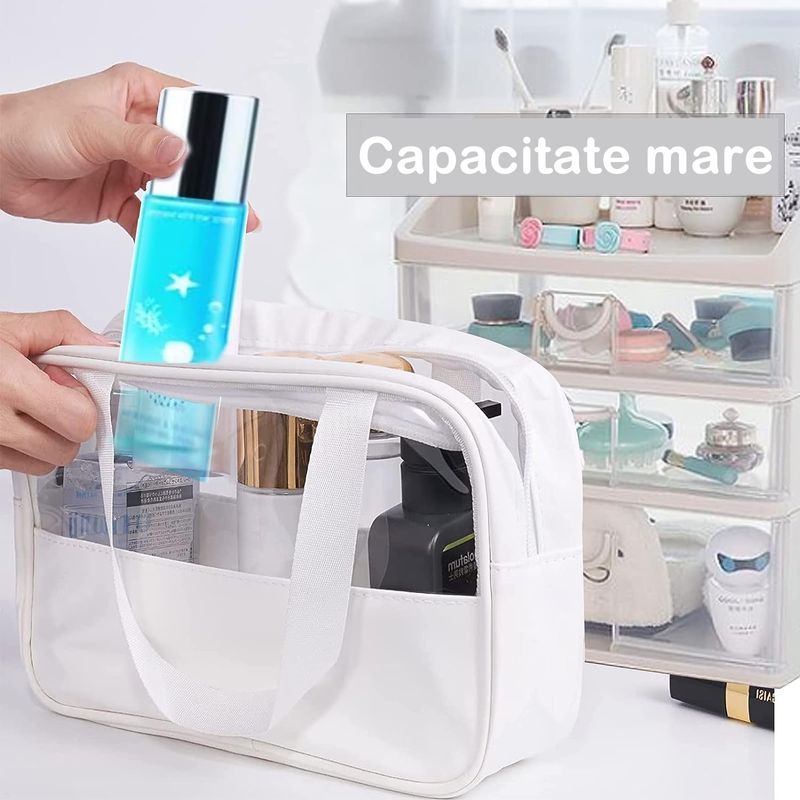 Ingrijire personala si Cosmetice - Machiaj - Portfarduri si genti cosmetice - Geanta cosmetice flippy, pentru voiaj sau organizare, material pvc/textil, impermeabila, portabila, 30x12x21 cm, alb - Infinity.ro