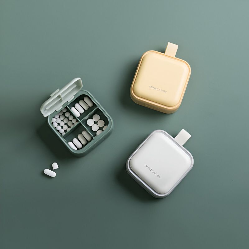 Ingrijire personala si Cosmetice - Sanatate si wellness - Aparate medicale - Accesorii medicale pentru recuperare si tratament - Cutie depozitare medicamente mini, flippy, 4 compartimente, inchidere etans, portabila, patrat, gri, pp, 7.5x7.5x3 cm - Infinity.ro