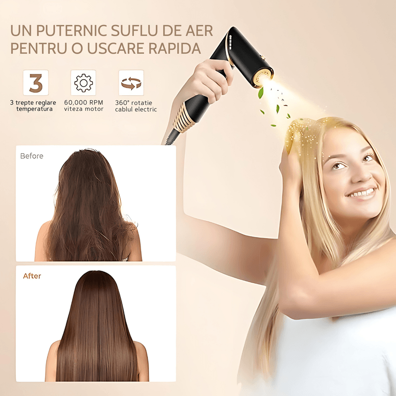 Ingrijire personala si Cosmetice - Aparate & accesorii ingrijire personala - Hair styling - Uscatoare de par - Uscator de par multifunctional 5 in 1, 1000W, 60000 RPM, 200 milioane Ioni Negativi, 3 trepte temperatura, Negru Auriu - Infinity.ro