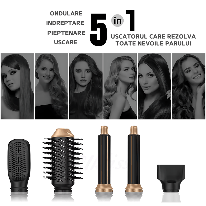 Ingrijire personala si Cosmetice - Aparate & accesorii ingrijire personala - Hair styling - Uscatoare de par - Uscator de par multifunctional 5 in 1, 1000W, 60000 RPM, 200 milioane Ioni Negativi, 3 trepte temperatura, Negru Auriu - Infinity.ro