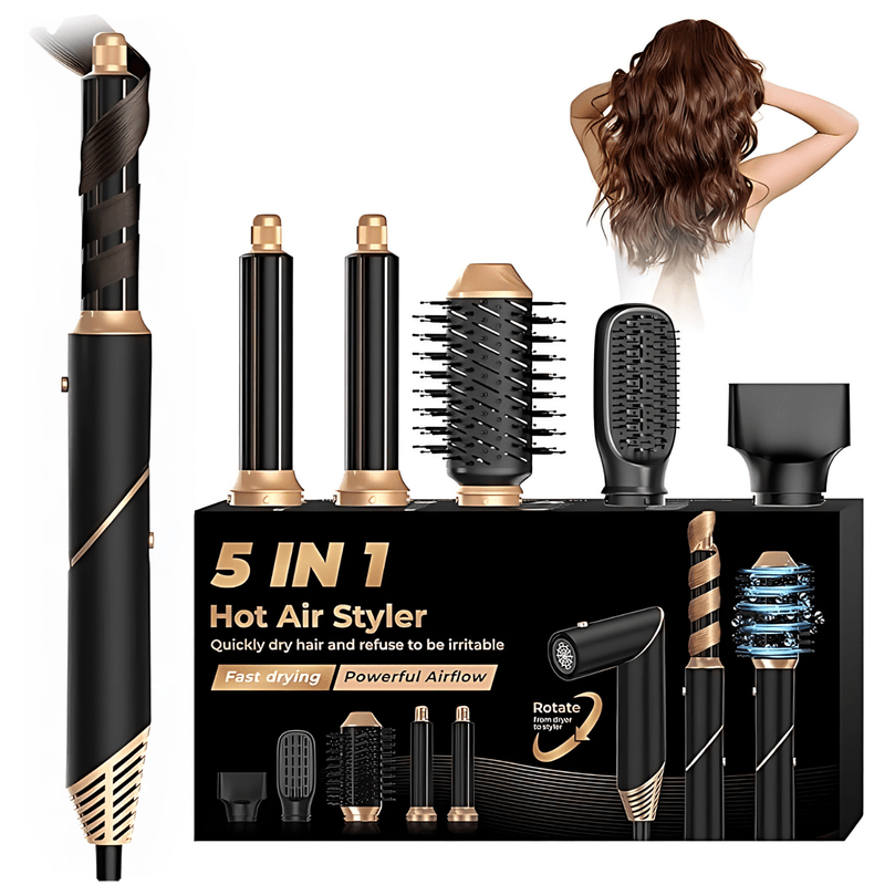 Ingrijire personala si Cosmetice - Aparate & accesorii ingrijire personala - Hair styling - Uscatoare de par - Uscator de par multifunctional 5 in 1, 1000W, 60000 RPM, 200 milioane Ioni Negativi, 3 trepte temperatura, Negru Auriu - Infinity.ro