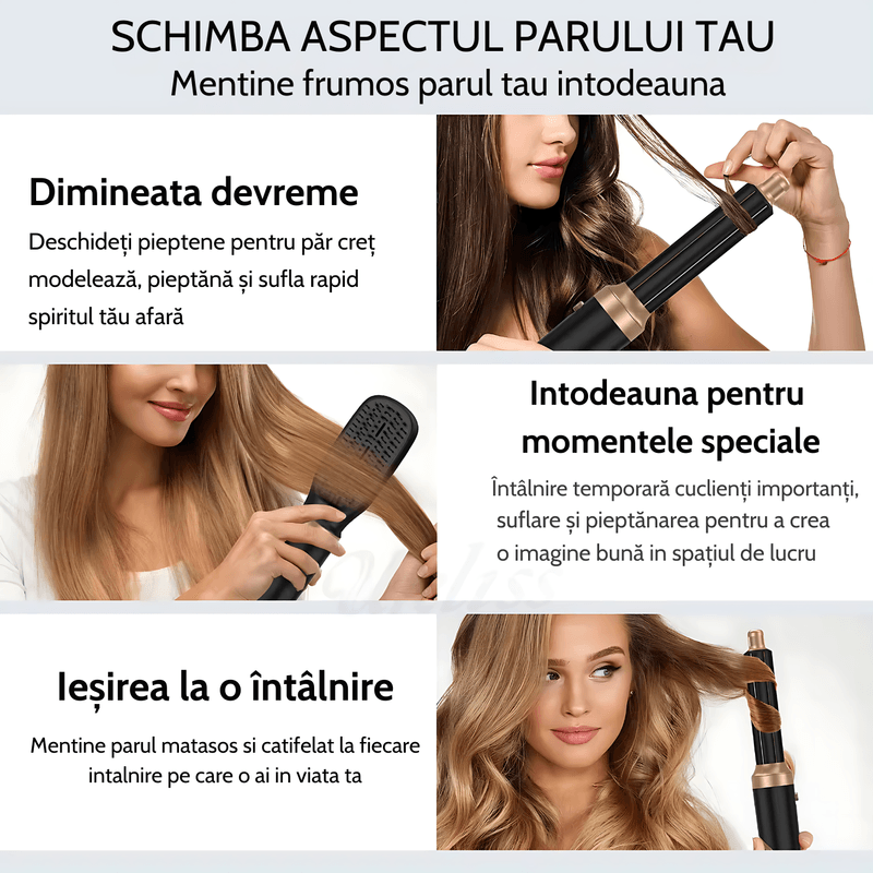 Ingrijire personala si Cosmetice - Aparate & accesorii ingrijire personala - Hair styling - Uscatoare de par - Uscator de par multifunctional 5 in 1, 1000W, 60000 RPM, 200 milioane Ioni Negativi, 3 trepte temperatura, Negru Auriu - Infinity.ro