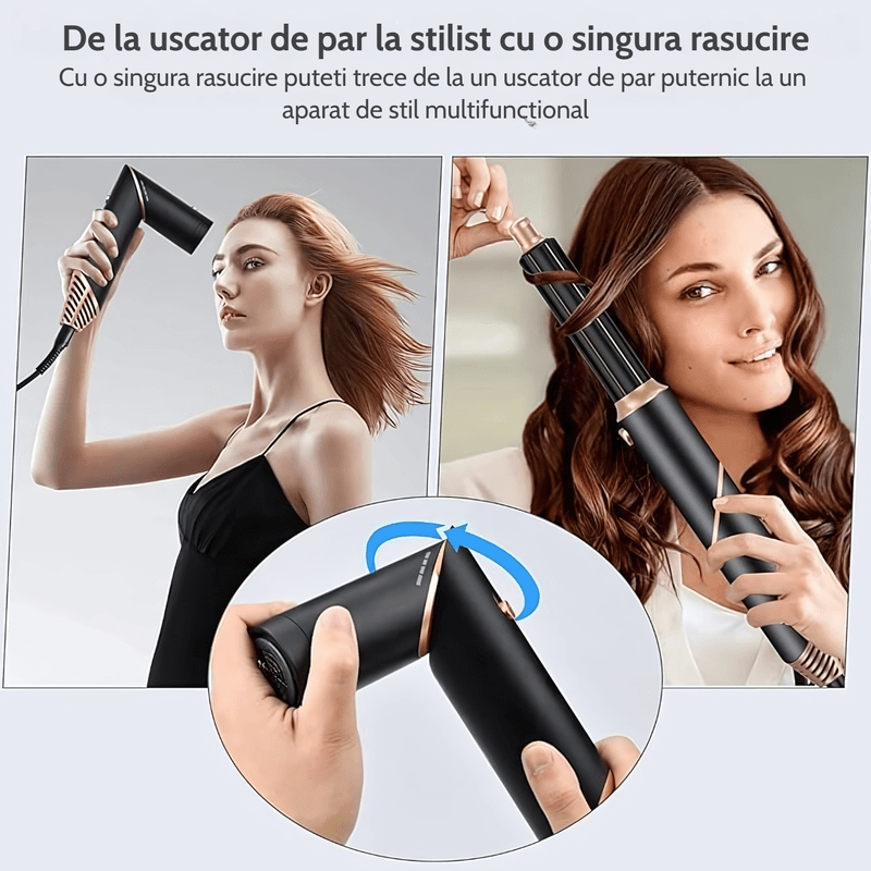 Ingrijire personala si Cosmetice - Aparate & accesorii ingrijire personala - Hair styling - Uscatoare de par - Uscator de par multifunctional 5 in 1, 1000W, 60000 RPM, 200 milioane Ioni Negativi, 3 trepte temperatura, Negru Auriu - Infinity.ro