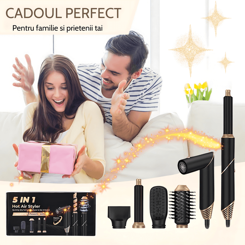 Ingrijire personala si Cosmetice - Aparate & accesorii ingrijire personala - Hair styling - Uscatoare de par - Uscator de par multifunctional 5 in 1, 1000W, 60000 RPM, 200 milioane Ioni Negativi, 3 trepte temperatura, Negru Auriu - Infinity.ro