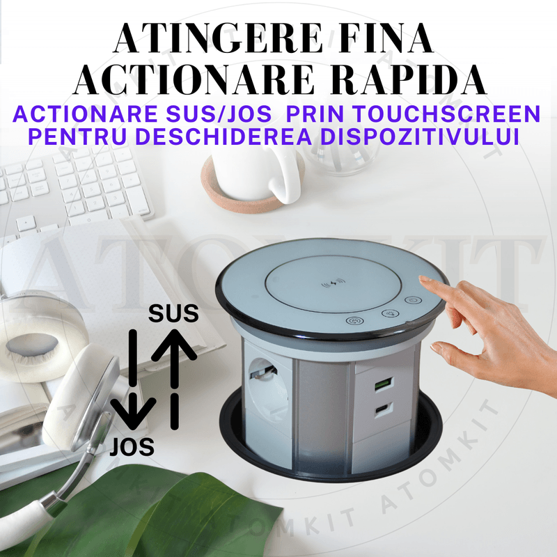 Casa si Gradina - Electrice - Prize - Priza Incorporabila Retractabila ATOMKIT® One, Incarcare Wireless 15W, 3 Prize, 2 Porturi USB, 1.5M Cablu, Alb - Infinity.ro
