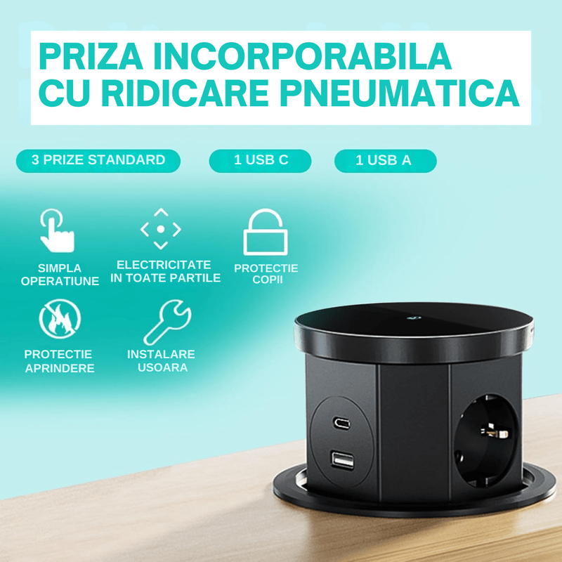 Casa si Gradina - Electrice - Prize - Priza Incastrabila 5 in 1 ATOMKIT® One Z, 3 Prize, 1 Port USB-A, 1 Port USB-C, Incarcare Wireless 15W, Pop-Up, Negru Mat - Infinity.ro