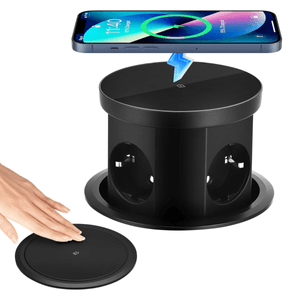 Priza Incastrabila 5 in 1 ATOMKIT® One Z, 3 Prize, 1 Port USB-A, 1 Port USB-C, Incarcare Wireless 15W, Pop-Up, Negru Mat