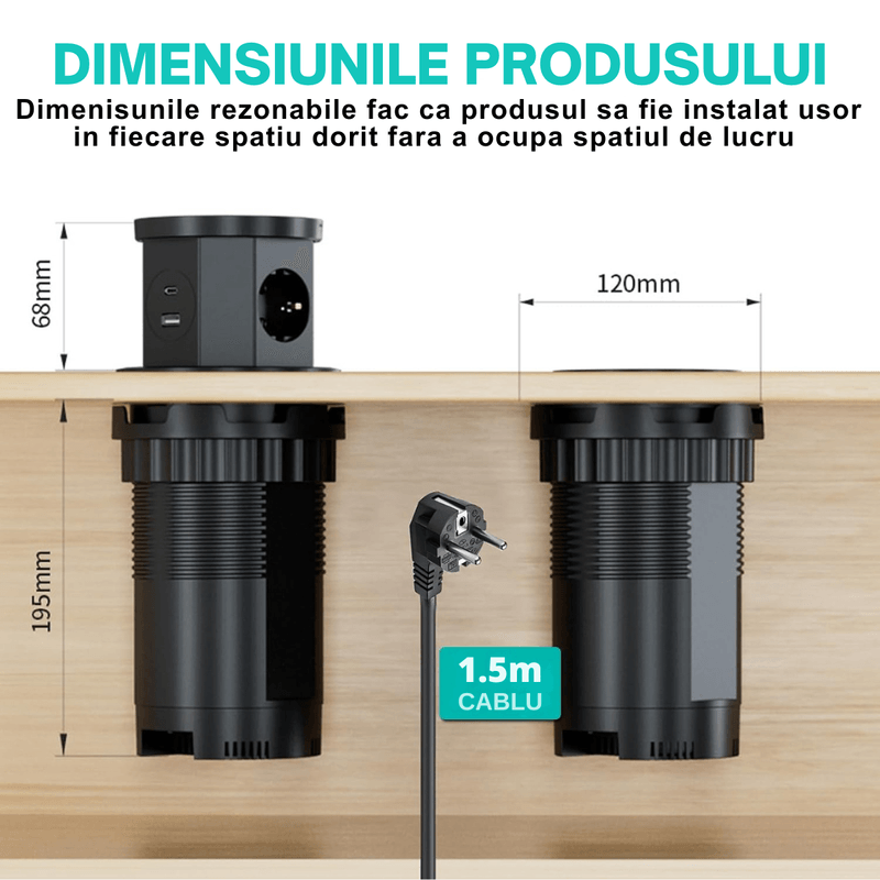 Casa si Gradina - Electrice - Prize - Priza Incastrabila 5 in 1 ATOMKIT® One Z, 3 Prize, 1 Port USB-A, 1 Port USB-C, Incarcare Wireless 15W, Pop-Up, Negru Mat - Infinity.ro