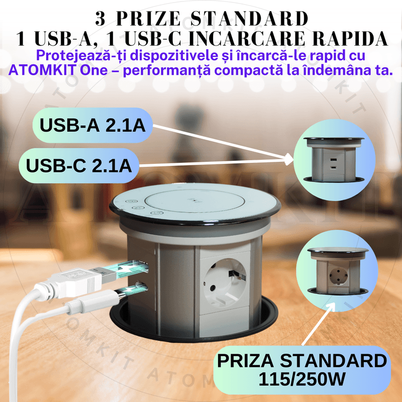 Casa si Gradina - Electrice - Prize - Priza Incorporabila Retractabila ATOMKIT® One, Incarcare Wireless 15W, 3 Prize, 2 Porturi USB, 1.5M Cablu, Alb - Infinity.ro