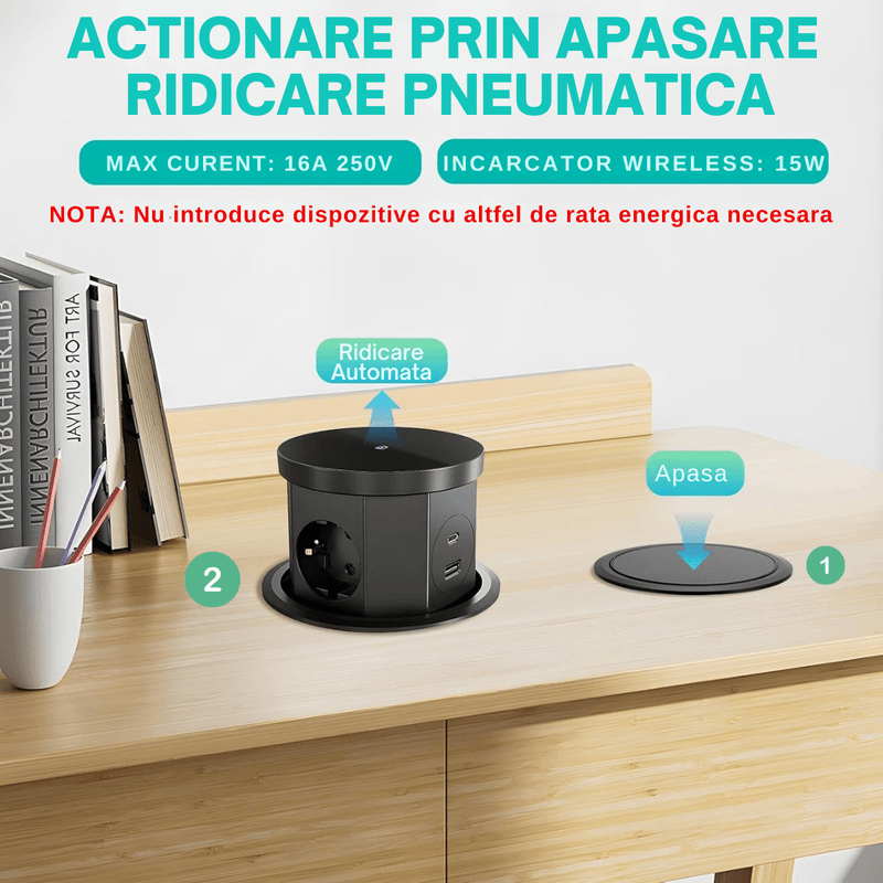 Casa si Gradina - Electrice - Prize - Priza Incastrabila 5 in 1 ATOMKIT® One Z, 3 Prize, 1 Port USB-A, 1 Port USB-C, Incarcare Wireless 15W, Pop-Up, Negru Mat - Infinity.ro