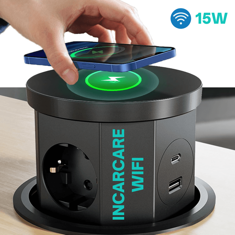 Casa si Gradina - Electrice - Prize - Priza Incastrabila 5 in 1 ATOMKIT® One Z, 3 Prize, 1 Port USB-A, 1 Port USB-C, Incarcare Wireless 15W, Pop-Up, Negru Mat - Infinity.ro