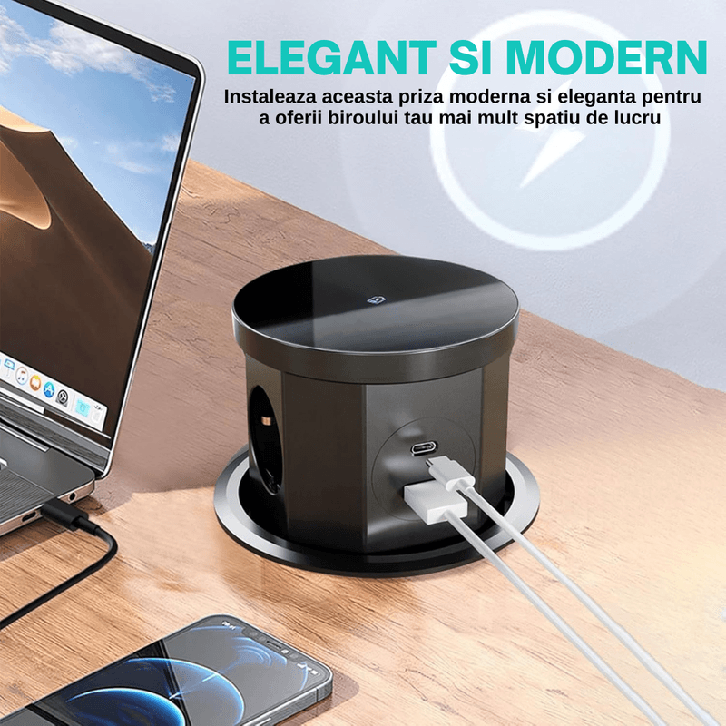 Casa si Gradina - Electrice - Prize - Priza Incastrabila 5 in 1 ATOMKIT® One Z, 3 Prize, 1 Port USB-A, 1 Port USB-C, Incarcare Wireless 15W, Pop-Up, Negru Mat - Infinity.ro