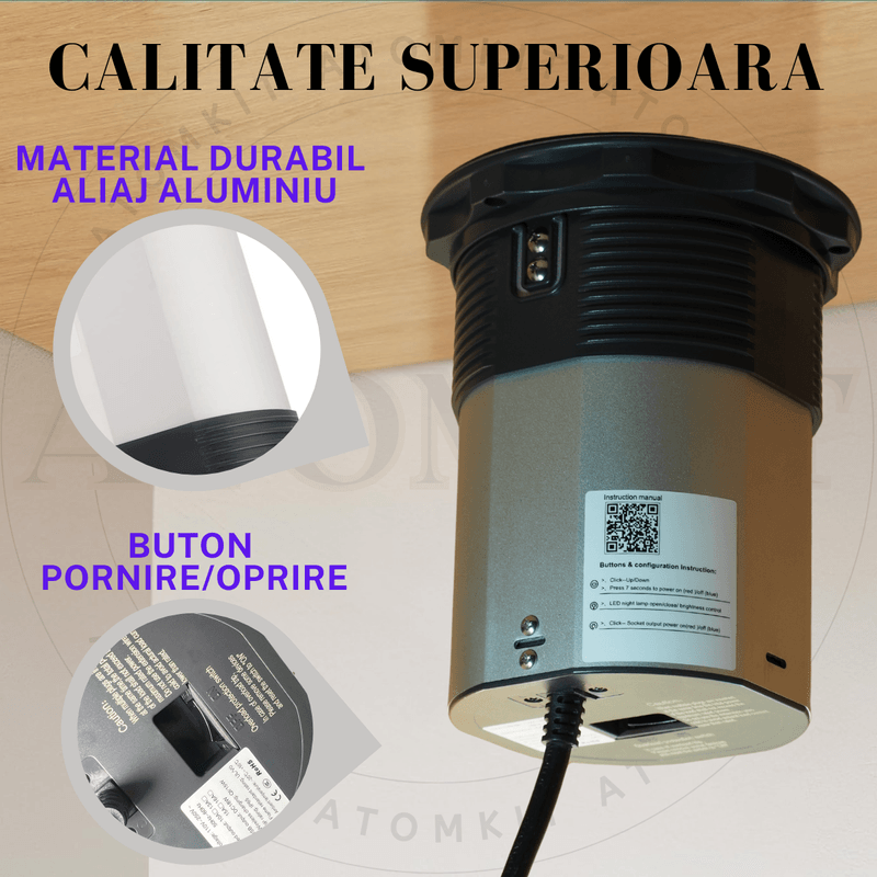 Casa si Gradina - Electrice - Prize - Priza Incorporabila Retractabila ATOMKIT® One, Incarcare Wireless 15W, 3 Prize, 2 Porturi USB, 1.5M Cablu, Alb - Infinity.ro