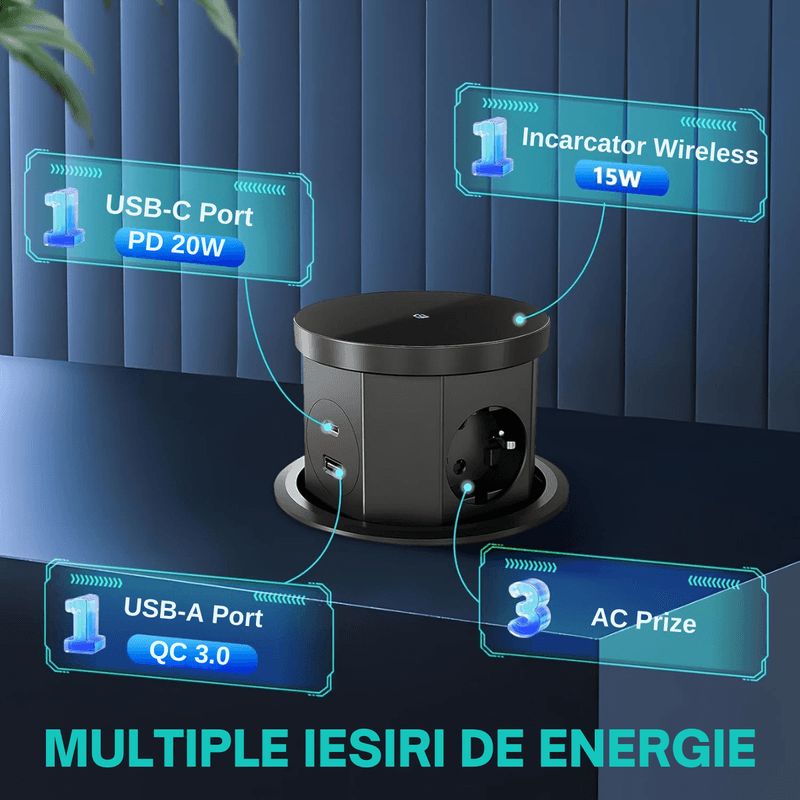 Casa si Gradina - Electrice - Prize - Priza Incastrabila 5 in 1 ATOMKIT® One Z, 3 Prize, 1 Port USB-A, 1 Port USB-C, Incarcare Wireless 15W, Pop-Up, Negru Mat - Infinity.ro
