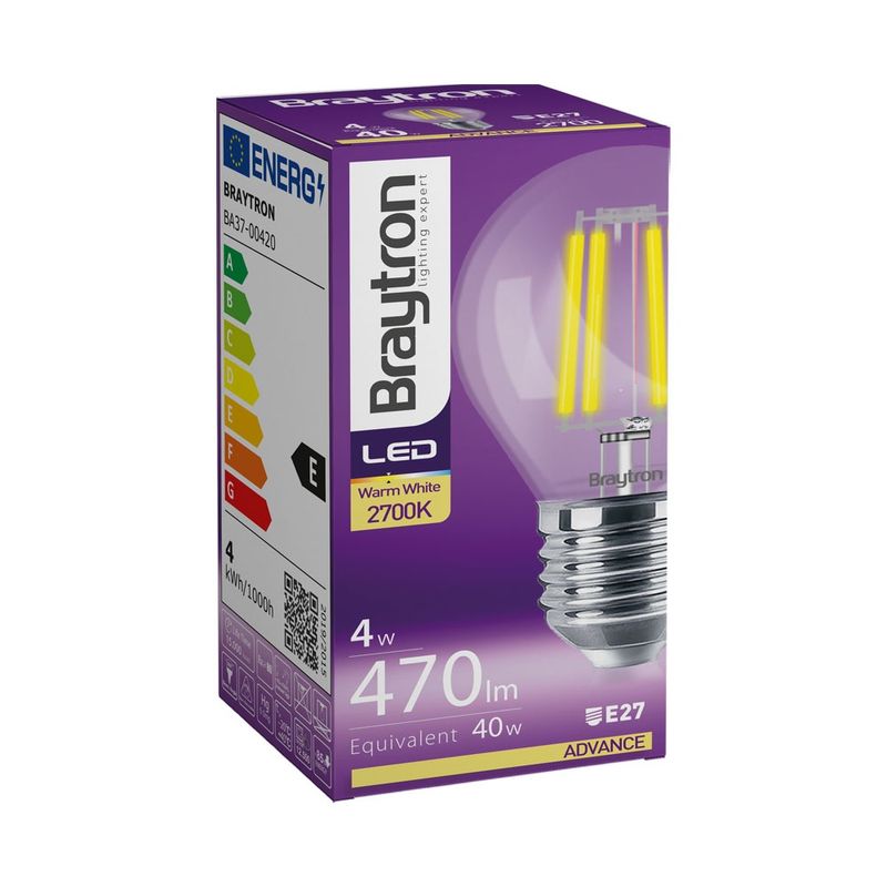 Casa si Gradina - Corpuri si surse de iluminat - Becuri si tuburi neon - Becuri - Bec led sferic Vintage filament 4W (40W), E27, G45, 470lm, lumina calda (2700K), clar, Braytron - Infinity.ro