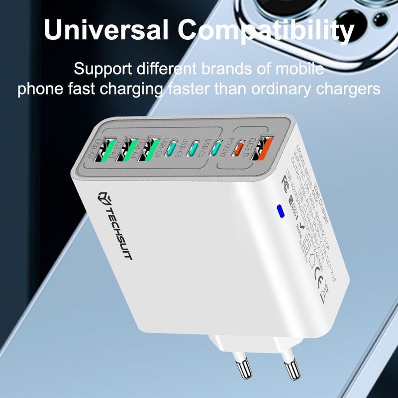 Laptop, Telefoane si Tablete - Telefoane mobile si accesorii - Accesorii Telefoane - Incarcatoare telefoane - Incarcator Priza 4 x USB, 4 X Type-C, Fast Charging, 65W - Techsuit (CHPD224) - Alb - Infinity.ro