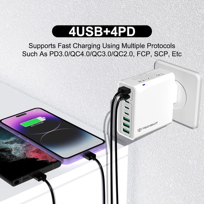 Laptop, Telefoane si Tablete - Telefoane mobile si accesorii - Accesorii Telefoane - Incarcatoare telefoane - Incarcator Priza 4 x USB, 4 X Type-C, Fast Charging, 65W - Techsuit (CHPD224) - Alb - Infinity.ro