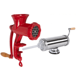 Electronice si Electrocasnice - Electrocasnice bucatarie - Mixere, tocatoare & roboti de bucatarie - Masini de tocat - Masina de umplut carnati 1.5 kg cu ventuza + masina de tocat carne manuala, fonta nr.10 rosie - Infinity.ro
