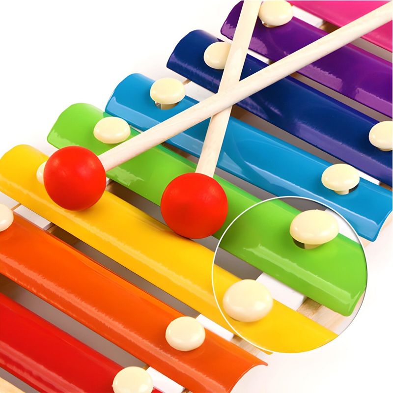 Jucarii, Copii si Bebe - Jucarii si jocuri - Jucarii de rol - Instrumente muzicale de jucarie - Instrument muzical xilofon , din lemn, 8 note muzicale, 2 bete de percutie, 4-6 ani, multicolor - Infinity.ro
