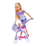 Jucarii, Copii si Bebe - Jucarii si jocuri - Papusi si accesorii - Papusi - Papusa Steffi in pantalonasi mov si cu carucior bebe - Infinity.ro