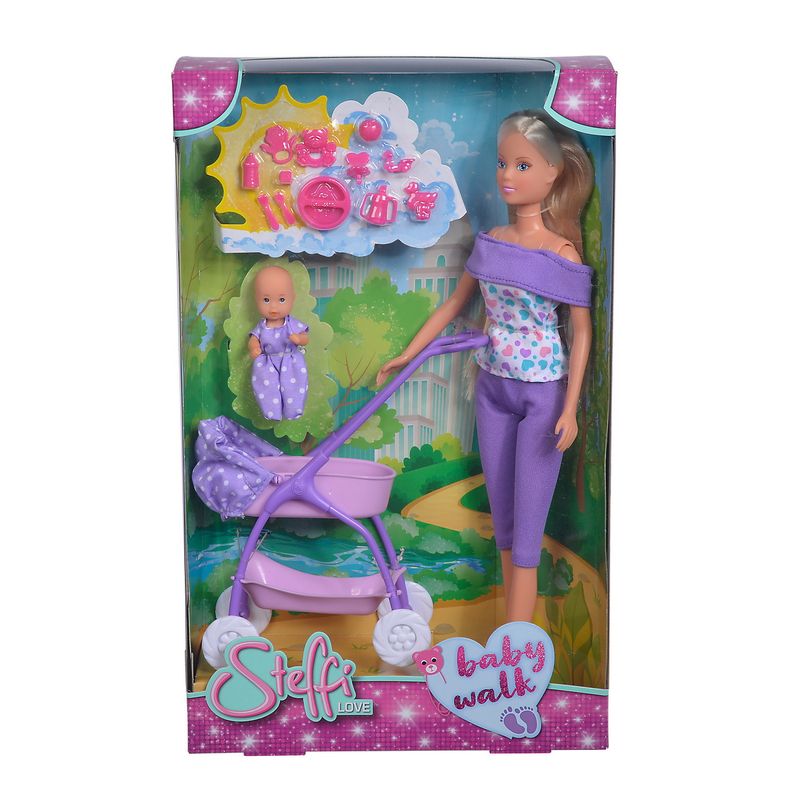 Jucarii, Copii si Bebe - Jucarii si jocuri - Papusi si accesorii - Papusi - Papusa Steffi in pantalonasi mov si cu carucior bebe - Infinity.ro
