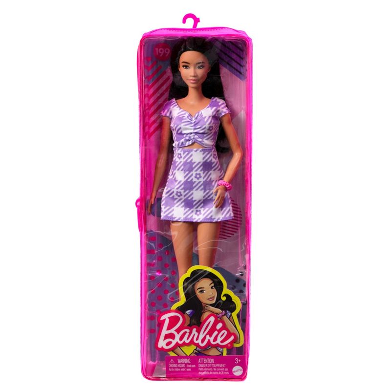 Jucarii, Copii si Bebe - Jucarii si jocuri - Papusi si accesorii - Papusi - Papusa Barbie fashionista bruneta cu rochie mov - Infinity.ro