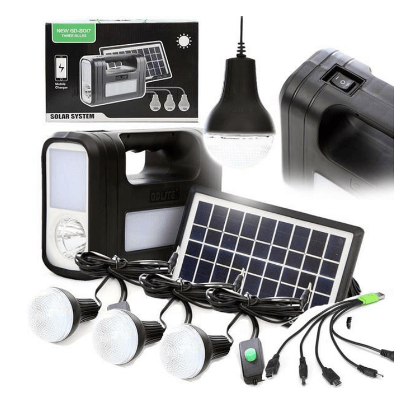 Casa si Gradina - Electrice - Panouri solare si accesorii - Sisteme panouri solare - Kit slar GD-Lite 8017, dotat cu disozitive Us cu 3 becuri LED + acumulator de mare capacitate, negru - Infinity.ro