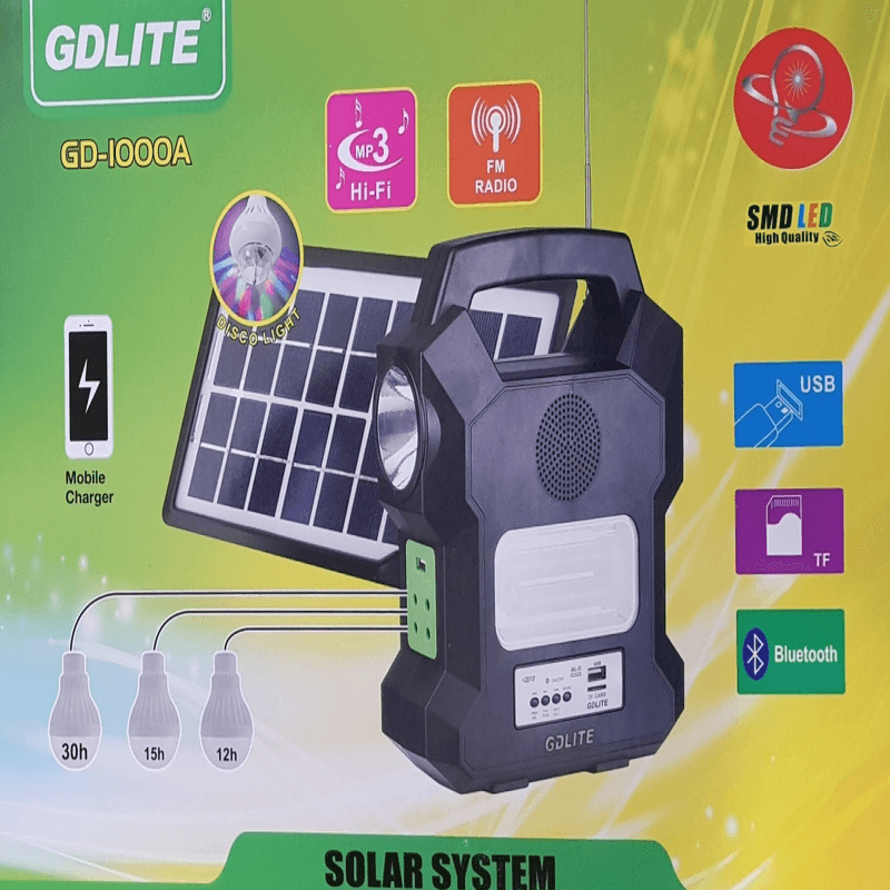 Casa si Gradina/Electrice/Panouri solare si accesorii/Sisteme panouri solare - Kit slar GD-Lite 1000A dotat cu disozitive Us cu 4 becuri led, acumulator de mare capacitate, radio - Infinity.ro
