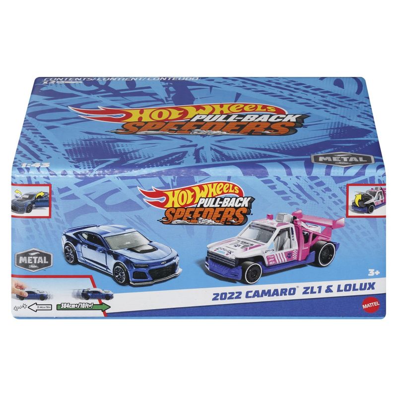 Jucarii, Copii si Bebe - Jucarii si jocuri - Vehicule si jucarii cu telecomanda - Masinute - Hot Wheels set 2 masinute metalice pull back camaro zl1 2022 si lolux 1:43 - Infinity.ro