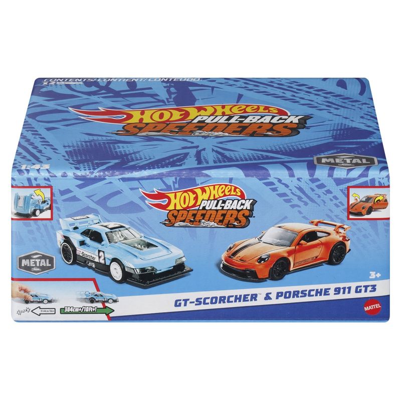 Jucarii, Copii si Bebe - Jucarii si jocuri - Vehicule si jucarii cu telecomanda - Masinute - Hot Wheels set 2 masinute metalice pull back gt-scorcher si porsche 911 gt3 1:43 - Infinity.ro