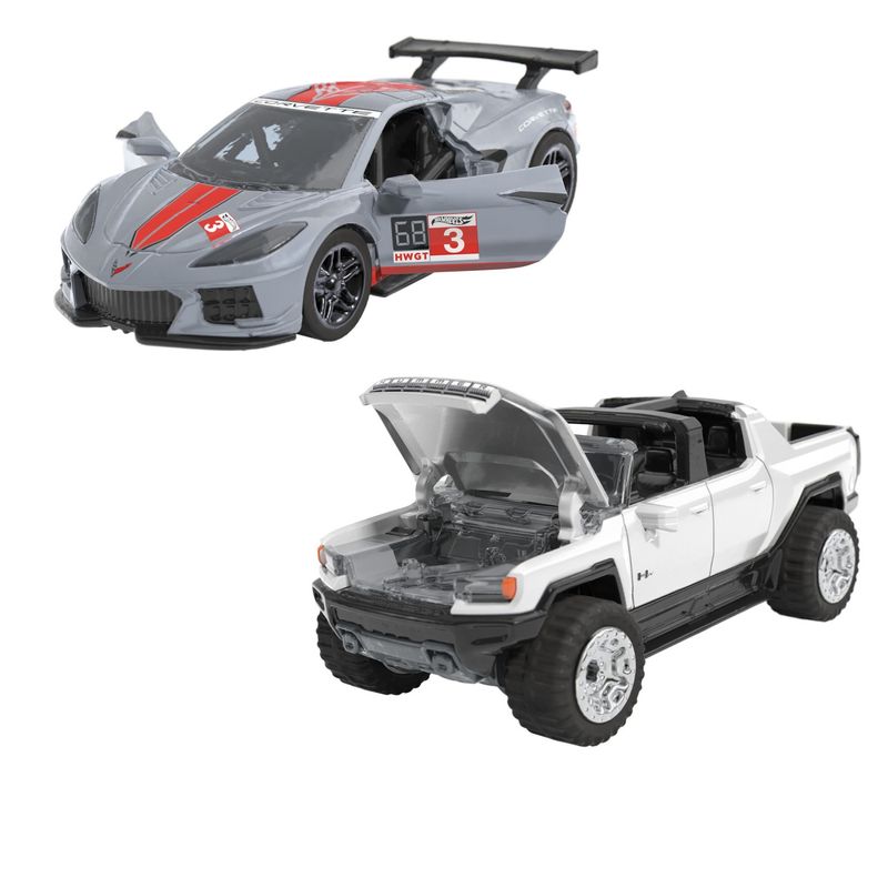 Jucarii, Copii si Bebe - Jucarii si jocuri - Vehicule si jucarii cu telecomanda - Masinute - Hot Wheels set 2 masinute metalice pull back gmc hummer ev si corvette c8r 1:43 - Infinity.ro