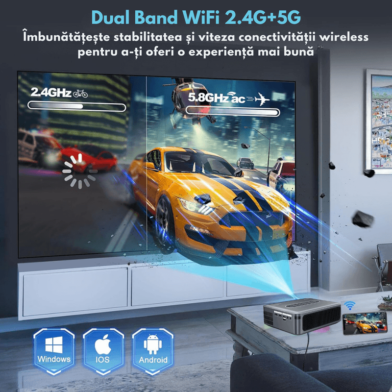 TV, Audio-Video si Foto - Videoproiectoare si accesorii - Videoproiectoare - Videoproiector portabil Full HD, Android 9.0 Wi-Fi & Bluetooth, 12 000 Lumeni, Rezolutie 1920x1080 HD, Suport 4K/8K - Infinity.ro