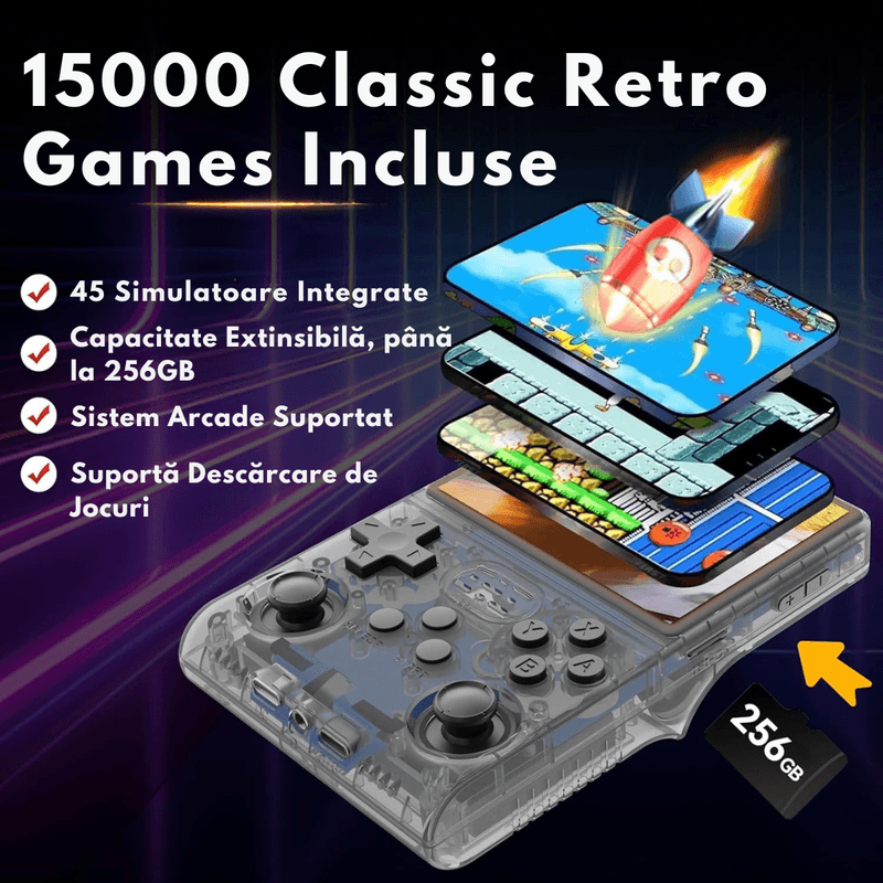 PC, gaming si accesorii - Gaming - Console gaming - Consola Gaming portabila cu 15.000+ Jocuri Clasice, Ecran HD 3.5'', 128GB Stocare, Joystick-uri 3D, Multiplayer Wireless - Infinity.ro