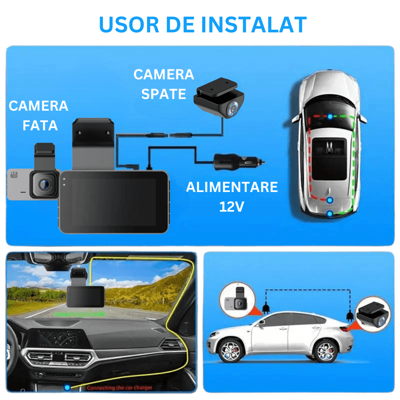 Auto si Moto - Electronice auto - Camere auto si DVR - Camera Auto Dubla de bord 4k - Full HD, WIFI+ GPS, G-Senzor Reglabil, Aplicatie pe Telefon, Night Vision, Loop Recording - Infinity.ro