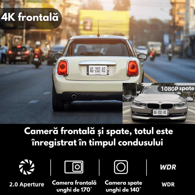 Auto si Moto - Electronice auto - Camere auto si DVR - Camera Auto Dubla de bord 4k - Full HD, WIFI+ GPS, G-Senzor Reglabil, Aplicatie pe Telefon, Night Vision, Loop Recording - Infinity.ro